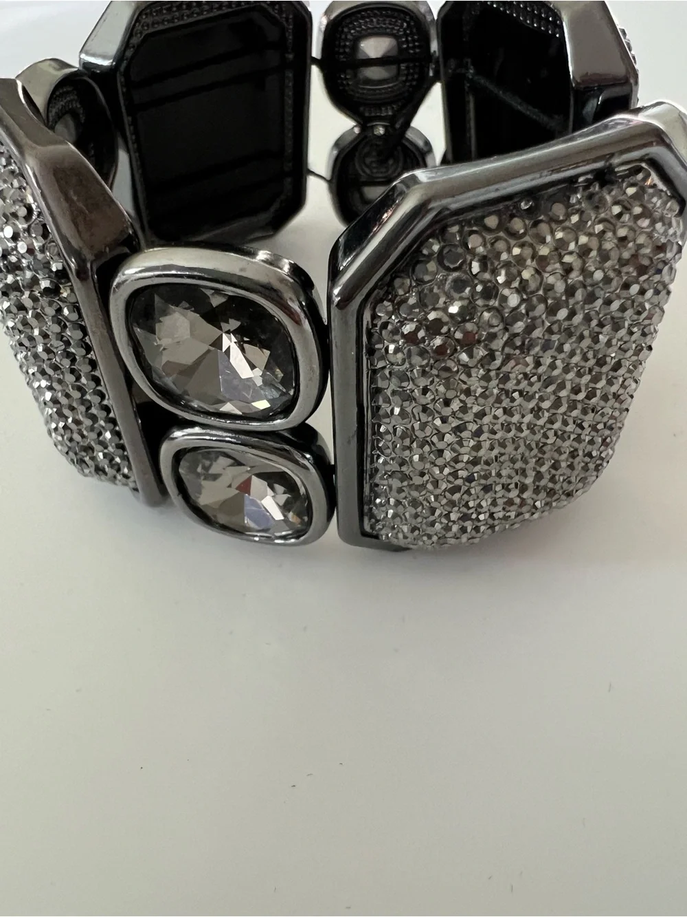 Chunky Geometric Gunmetal & Silver Rhinestone Statement Stretch Bracelet